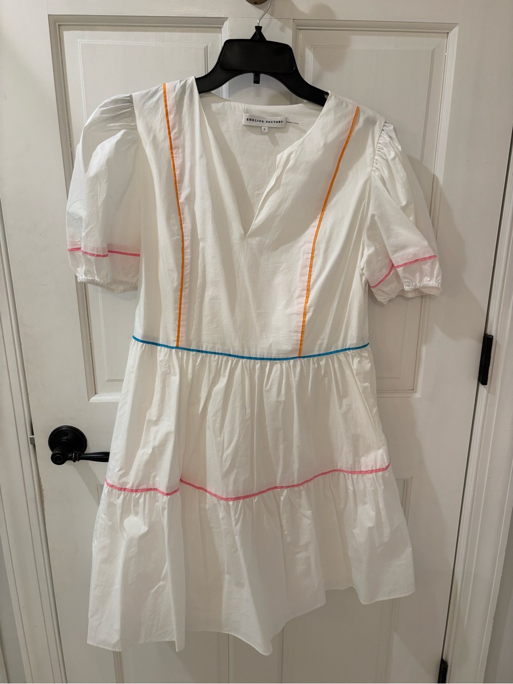 English Factory Puff Sleeve Dress with Colorful Trim - Picture 3 of 5